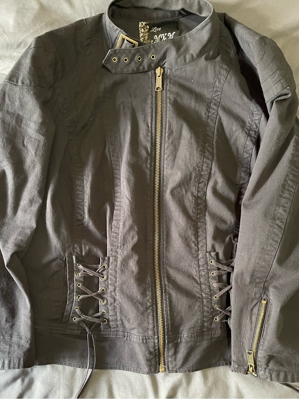 Love MXM Black Lace-Up Utility Moto Jacket with Gold Hardware Plus Size